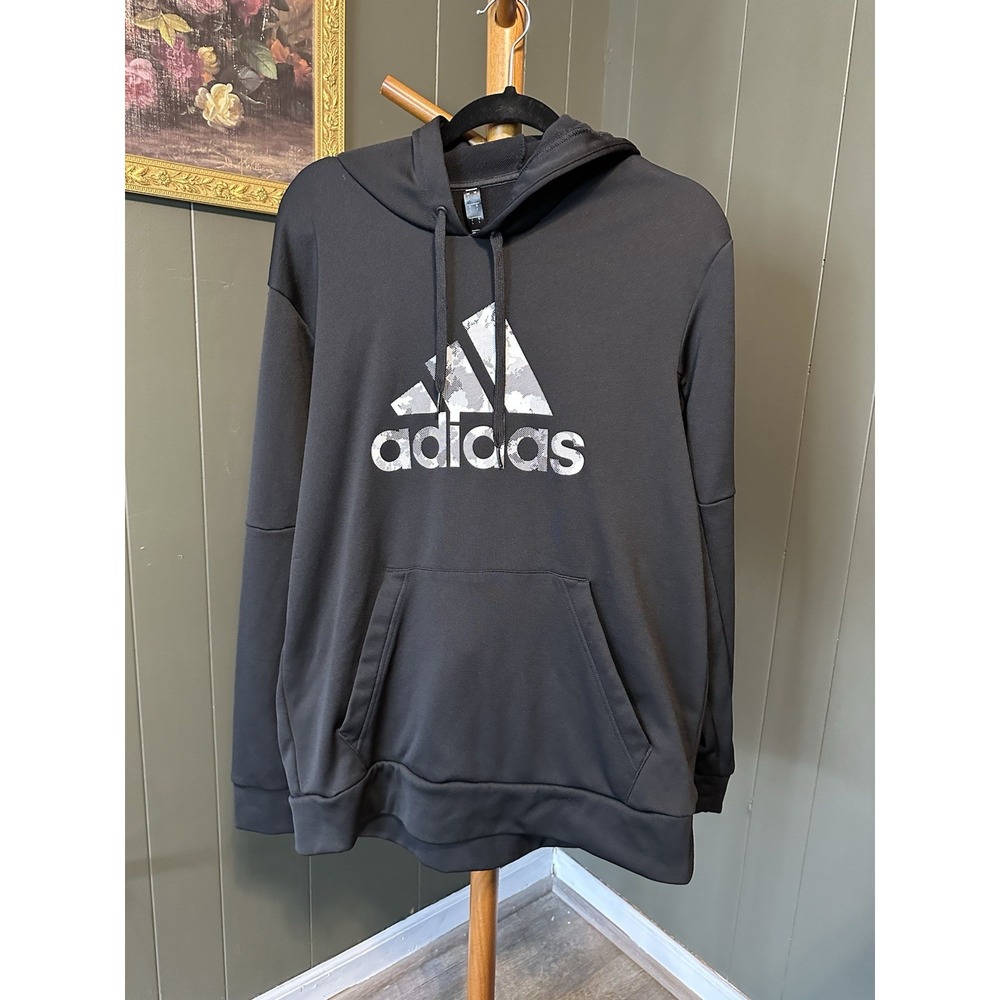 Adidas Hoodie Mens‎ Large Black Sweatshirt Drawstring Casual Three Stripe Logo
